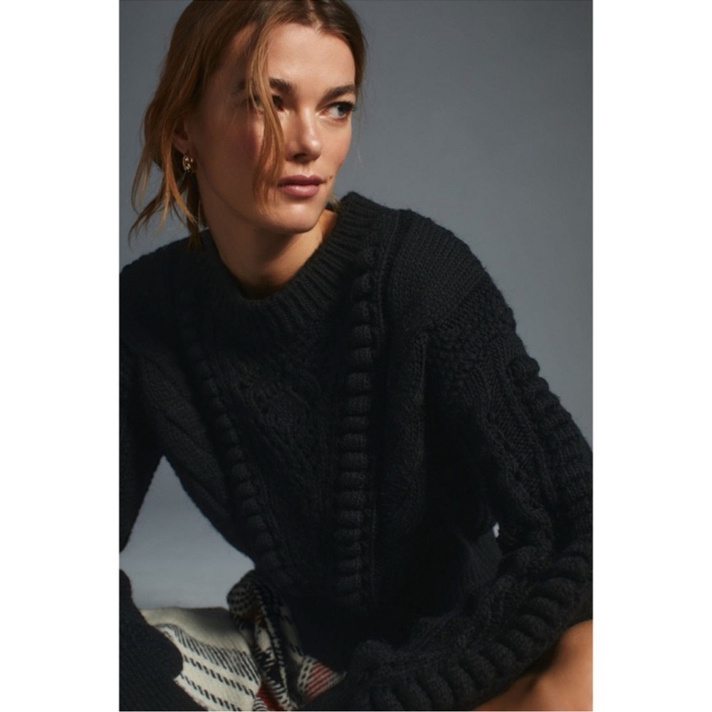 ❤️ Like New! Anthropologie Black Pom Pom Knit Cropped Sweater XL